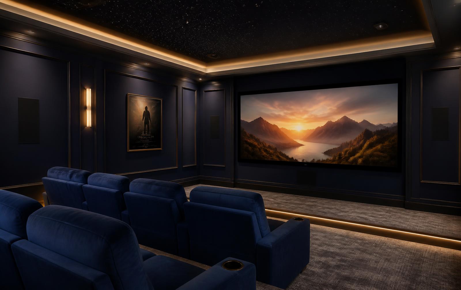 Home cinema with integrated Power Audio speakers, navy acoustic panelling and warm gold cove lighting