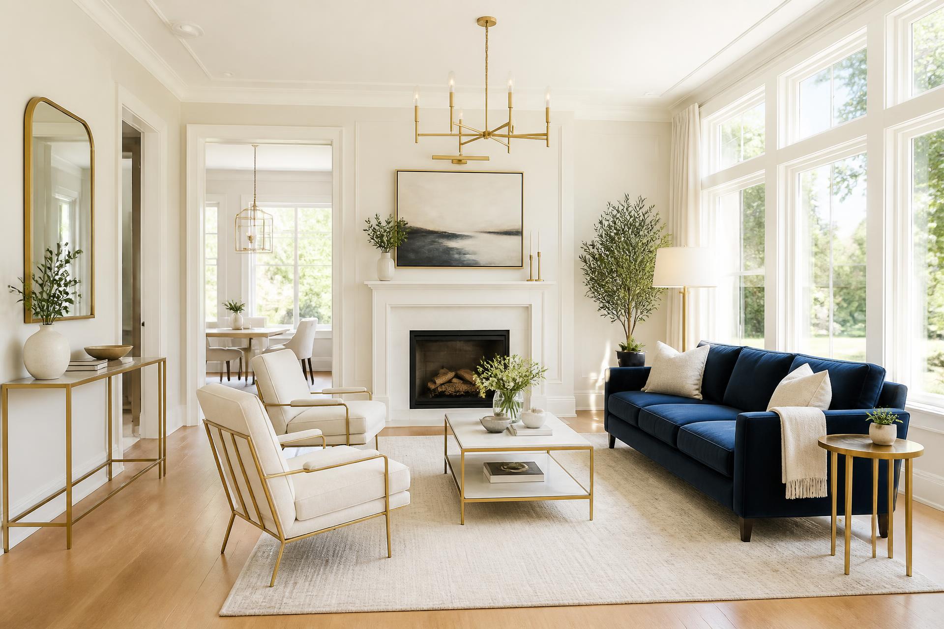 Luxurious modern living room interior with gold chandelier and velvet sapphire sofa