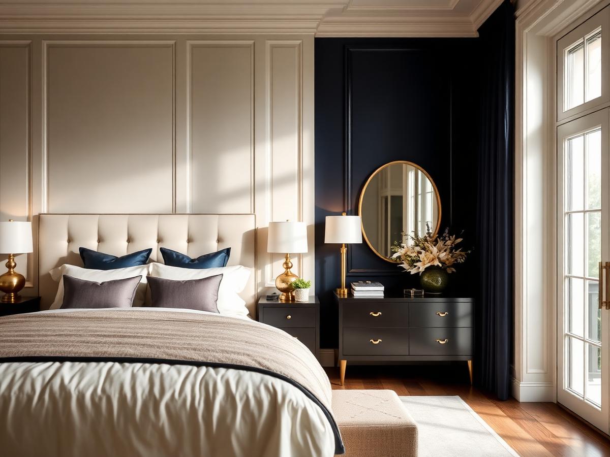 Interior design of a cream and navy primary bedroom with gold accent lamps
