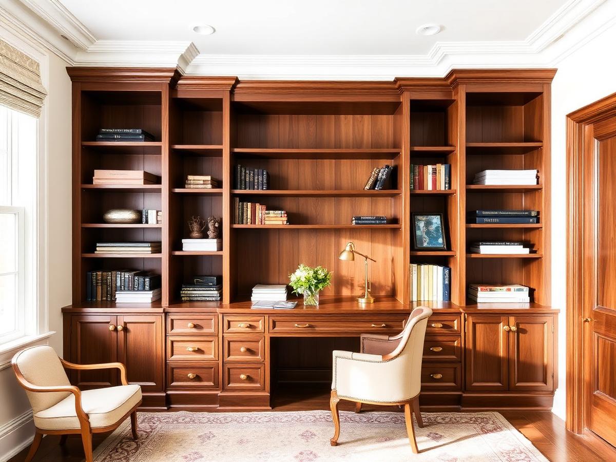 Custom walnut built-in shelving and desk joinery in a bright home study