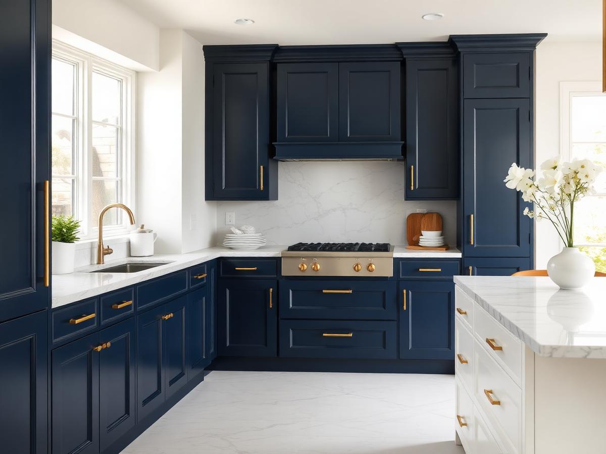 Interior design of a navy blue kitchen with brass hardware and marble island