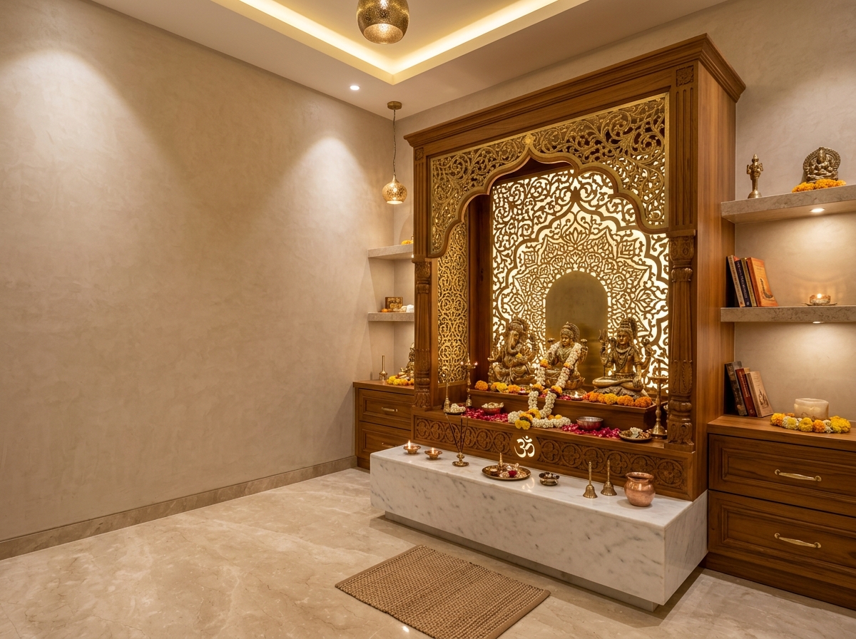 Ornate wooden pooja unit with backlit brass jali work and pristine white marble base