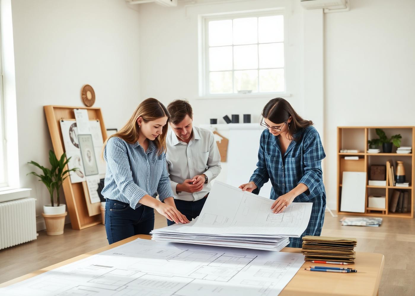 Power City Interiors design team reviewing floor plans and material samples in the studio